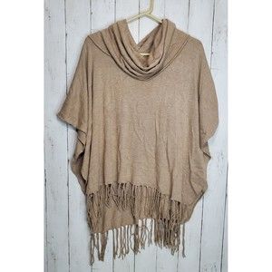 Love Stitch Women's Cowl Neck Poncho One Size Tan Fringe Detail Open Sides Boho